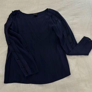 Club Monaco navy silk blouse with button & peekaboo detailing on sleeves